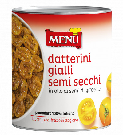 Datterini gialli semisecchi in olio di semi di girasole (Halbgetrocknete gelbe Datteltomaten in Sonnenblumenöl)