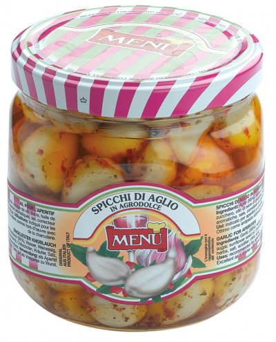 Spicchi di aglio in agrodolce (Knoblauchzehen, süß-sauer eingelegt)