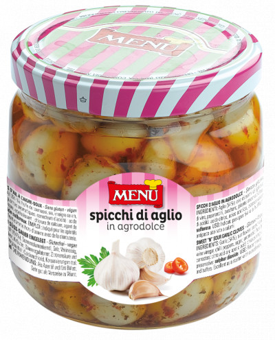 Spicchi di aglio in agrodolce (Knoblauchzehen, süß-sauer eingelegt)
